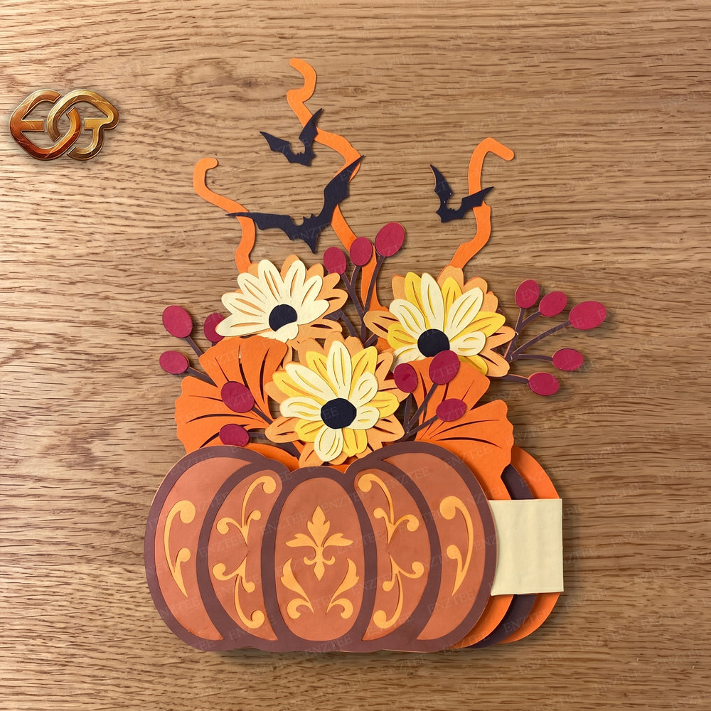 Flower Pop-Up Pumpkin Basket SVG - 3D Layered Fall & Halloween Paper Craft Template for Cricut 3