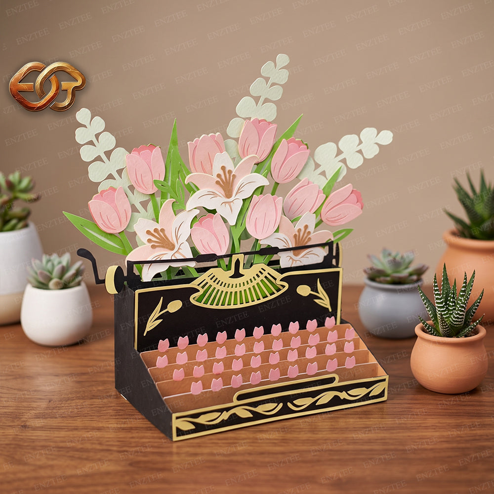 Combo 3 Floral Pop-up Typewriter SVG – 3D Layered Flower Typewriter Paper Craft Template for Cricut