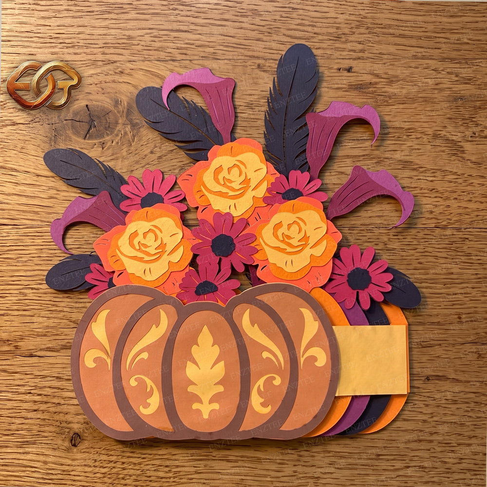 Flower Pop-Up Pumpkin Basket SVG - 3D Layered Fall & Halloween Paper Craft Template for Cricut 1