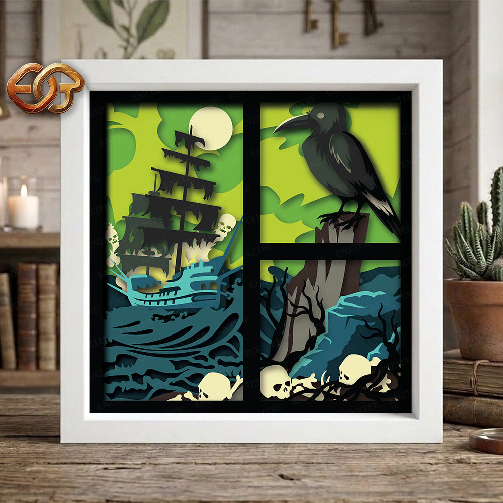 Ghost Ship Shadow Box SVG for Cricut | 3D Layered SVG Paper Cut Light Box Template