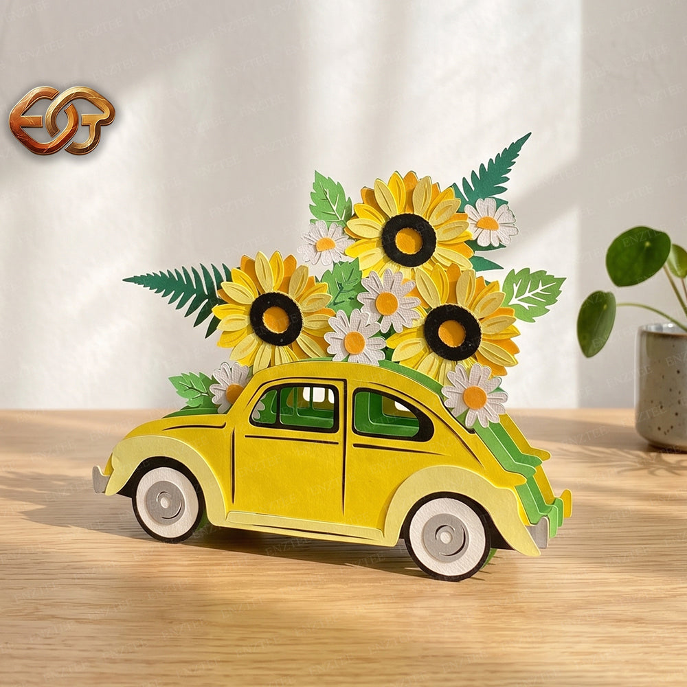 Flower Pop-up Car SVG – 3D Layered Flower Car Paper Craft Template for Cricut 2