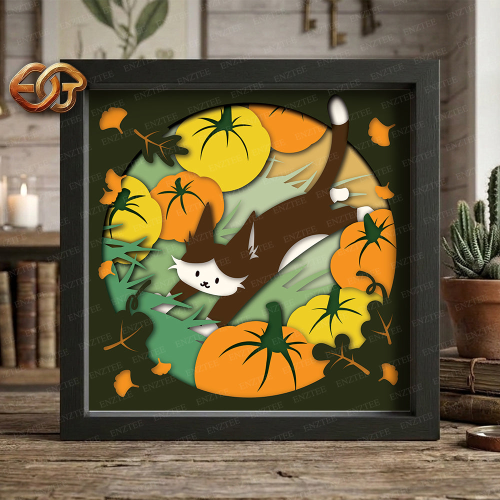 Autumn Cat Shadow Box SVG for Cricut | 3D Layered SVG Paper Cut Light Box Template