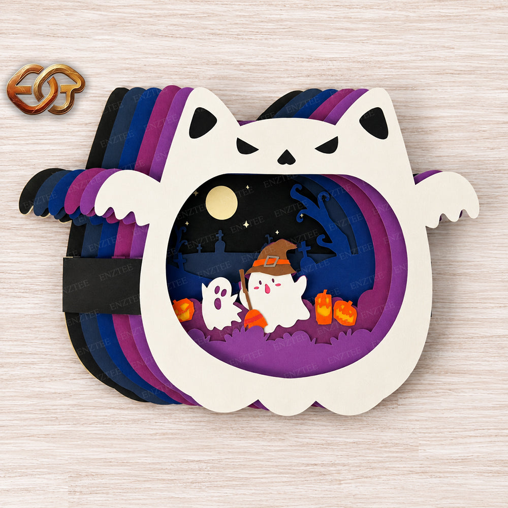 Combo de 3 SVG Pop-up Chat Effrayant - Modèle de Bricolage en Papier 3D Superposé pour Halloween pour Cricut