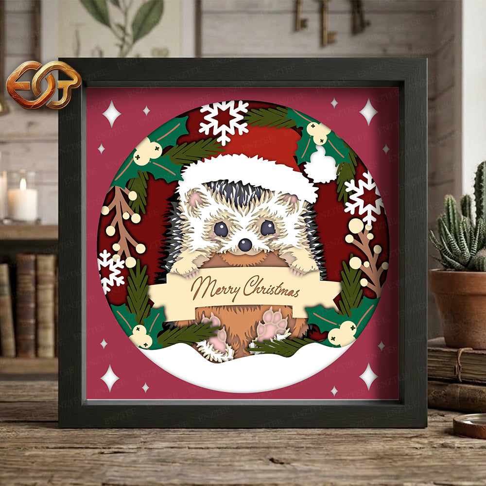 Christmas Hedgehog Shadow Box SVG for Cricut | 3D Layered SVG Paper Cut Light Box Template