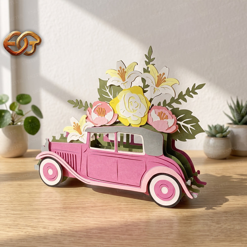 Flower Pop-up Car SVG – 3D Layered Flower Car Paper Craft Template for Cricut 1