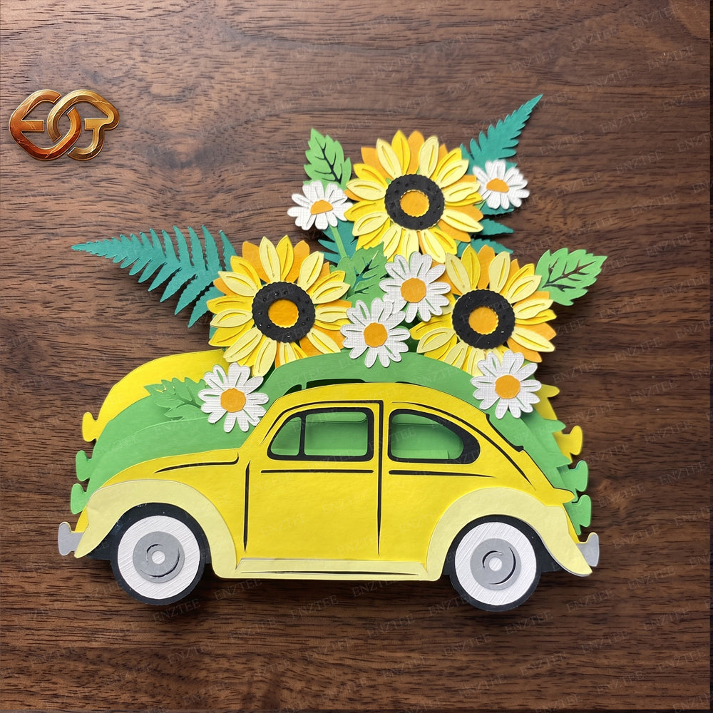 Flower Pop-up Car SVG – 3D Layered Flower Car Paper Craft Template for Cricut 2