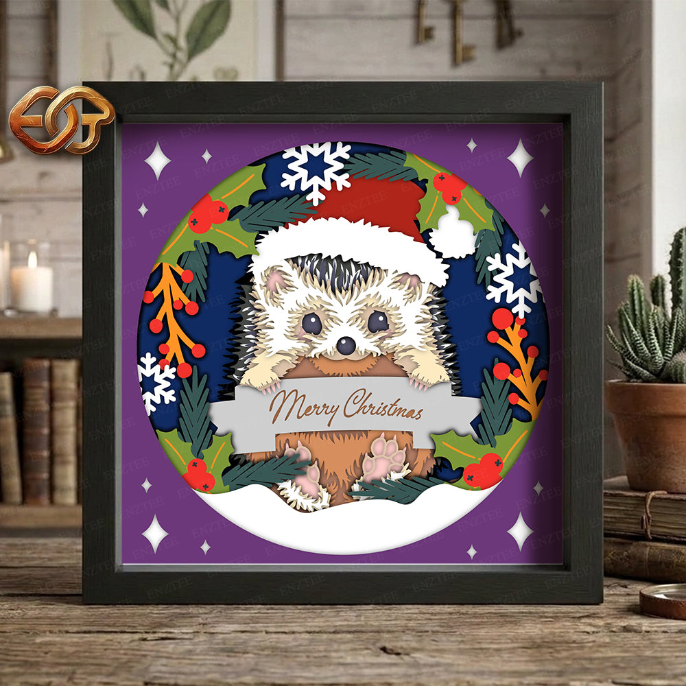 Christmas Hedgehog Shadow Box SVG for Cricut | 3D Layered SVG Paper Cut Light Box Template