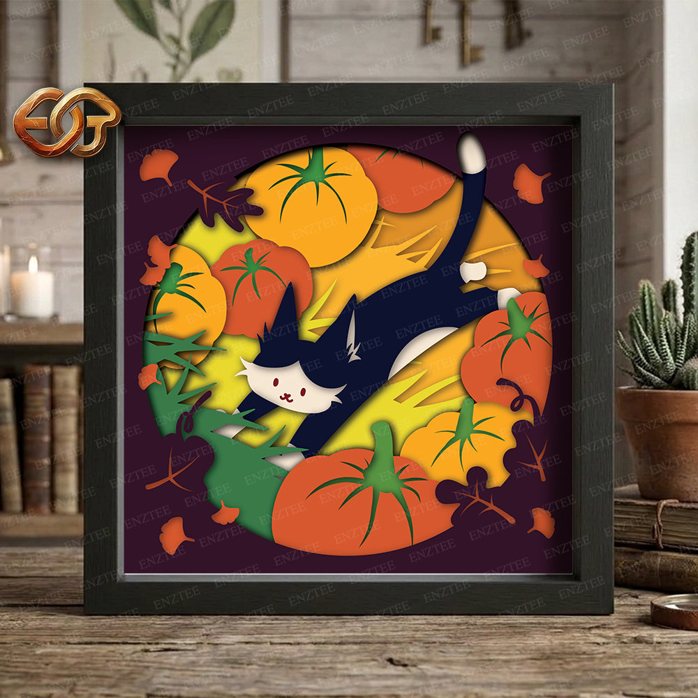 Autumn Cat Shadow Box SVG for Cricut | 3D Layered SVG Paper Cut Light Box Template