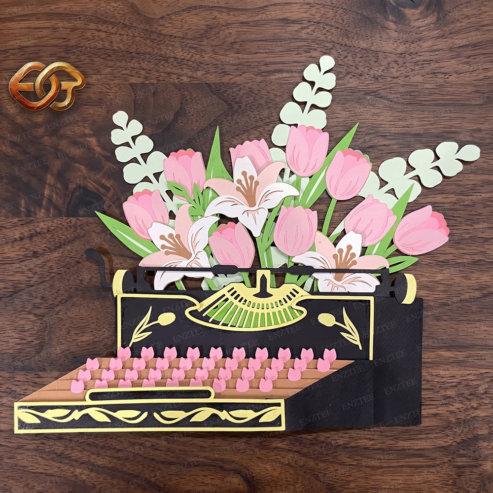 Combo 3 Floral Pop-up Typewriter SVG – 3D Layered Flower Typewriter Paper Craft Template for Cricut