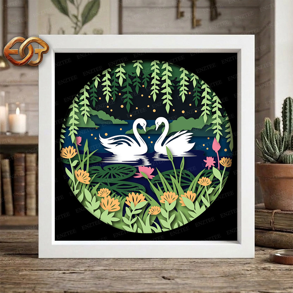 Swans Shadow Box SVG for Cricut | 3D Layered SVG Paper Cut Light Box Template
