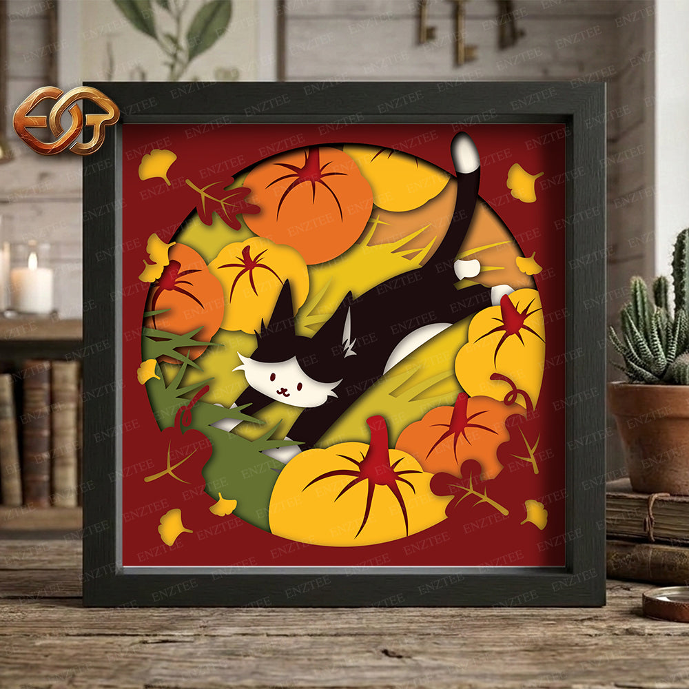 Autumn Cat Shadow Box SVG for Cricut | 3D Layered SVG Paper Cut Light Box Template