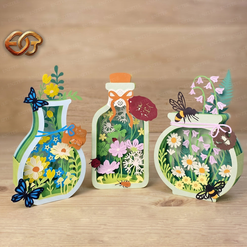 Combo 3 Floral Garden Pop-up Jar SVG – 3D Layered Flower Jar Paper Craft Template for Cricut