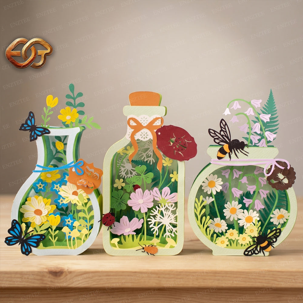 Combo 3 Floral Garden Pop-up Jar SVG – 3D Layered Flower Jar Paper Craft Template for Cricut