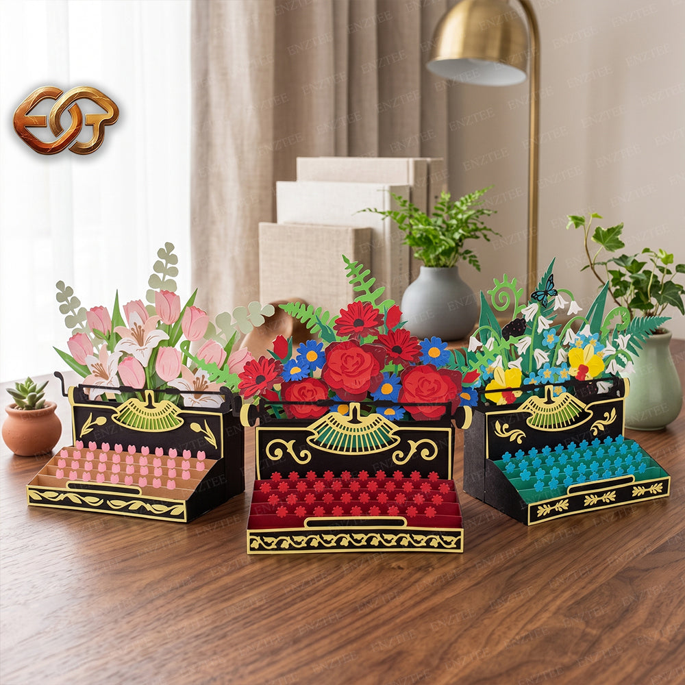 Combo 3 Floral Pop-up Typewriter SVG – 3D Layered Flower Typewriter Paper Craft Template for Cricut