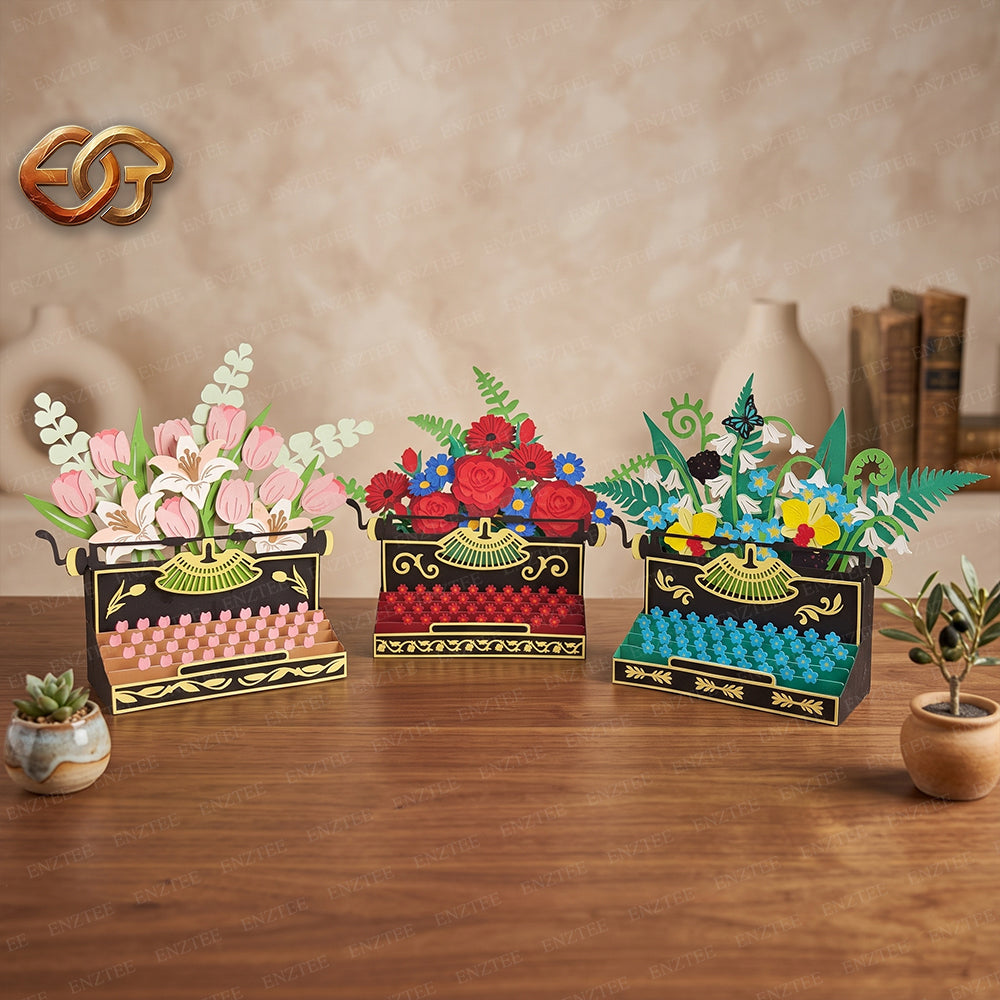 Combo 3 Floral Pop-up Typewriter SVG – 3D Layered Flower Typewriter Paper Craft Template for Cricut