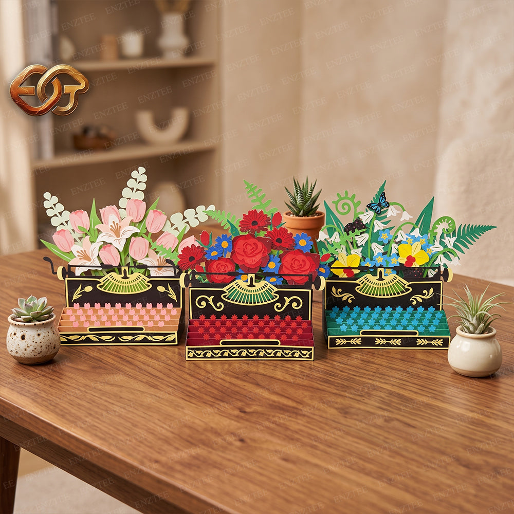 Combo 3 Floral Pop-up Typewriter SVG – 3D Layered Flower Typewriter Paper Craft Template for Cricut