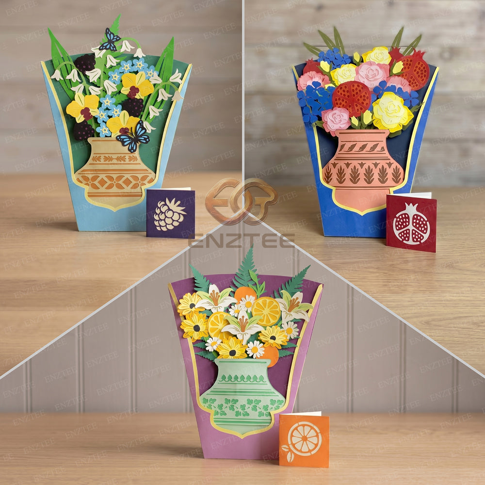 Combo 3 Floral Garden Pop-up Vase SVG – 3D Layered Flower Vase Paper Craft Template for Cricut
