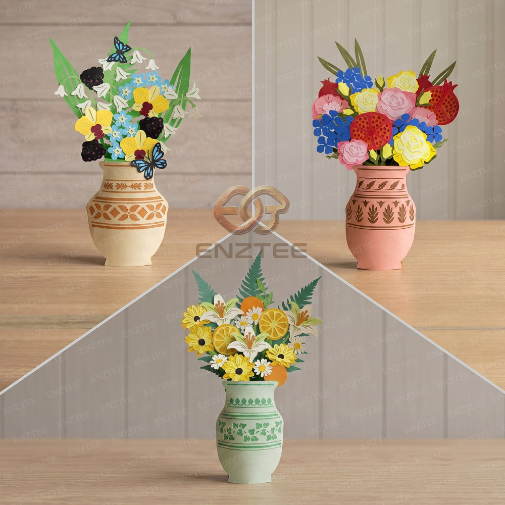 Combo 3 Floral Garden Pop-up Vase SVG – 3D Layered Flower Vase Paper Craft Template for Cricut