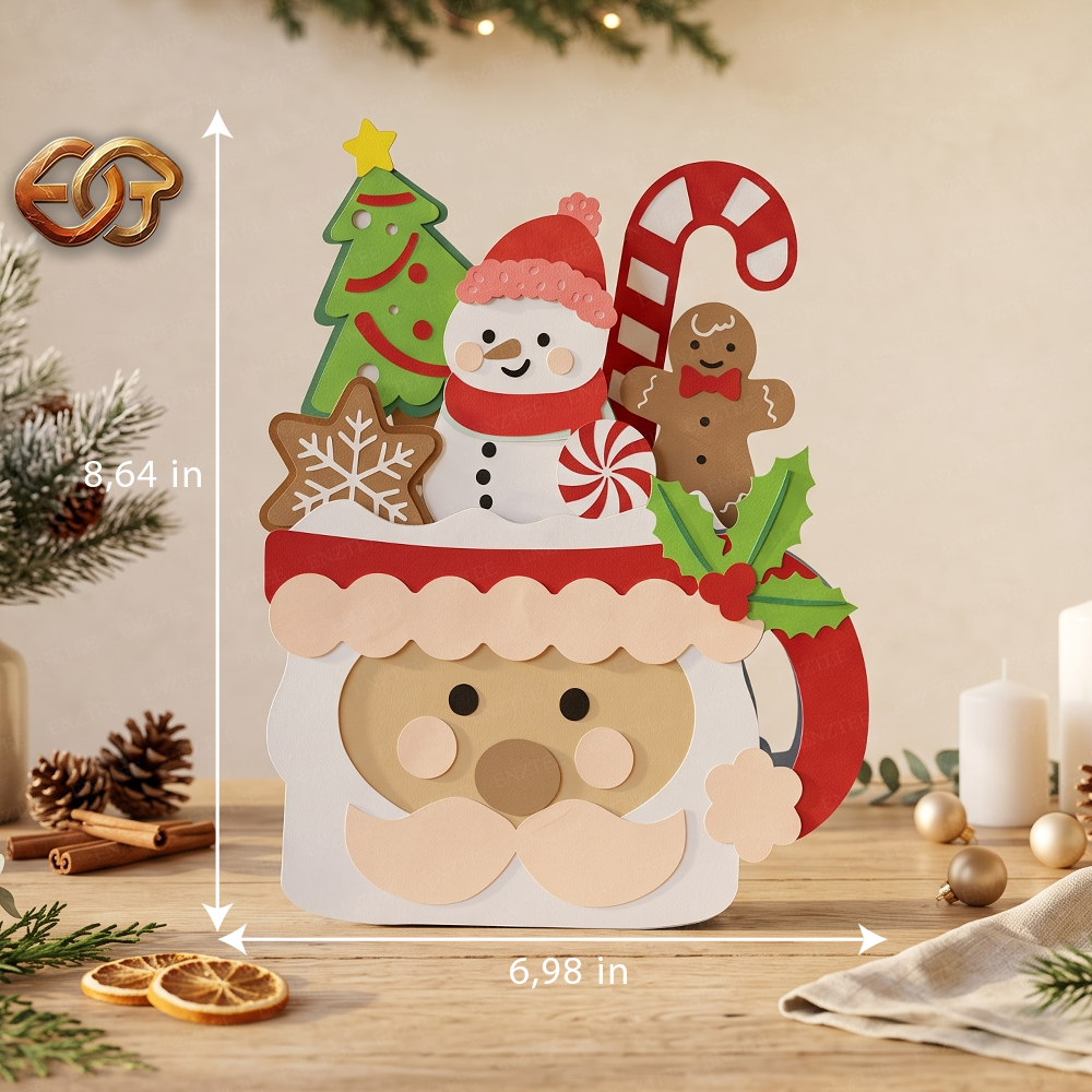 Santa Claus Pop-up Mug SVG - 3D Layered Chrismas Paper Craft Template for Cricut