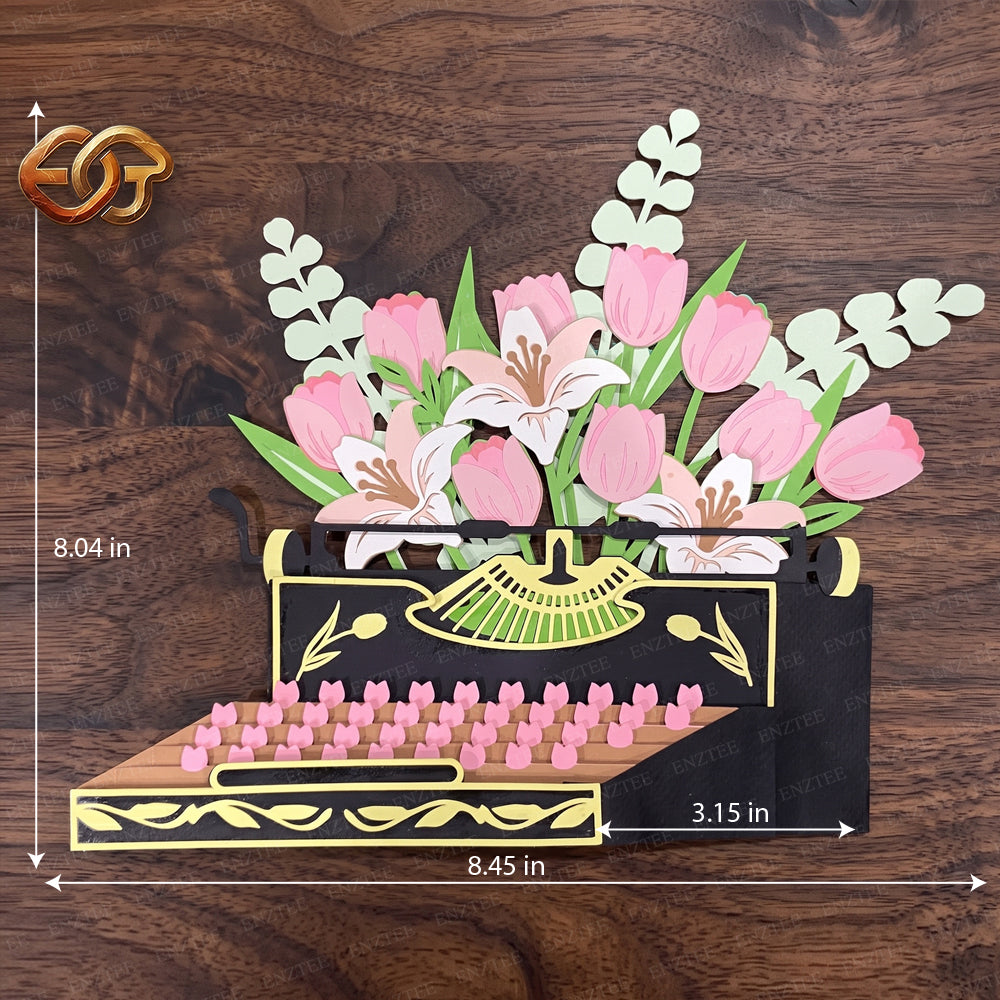 Combo 3 Floral Pop-up Typewriter SVG – 3D Layered Flower Typewriter Paper Craft Template for Cricut