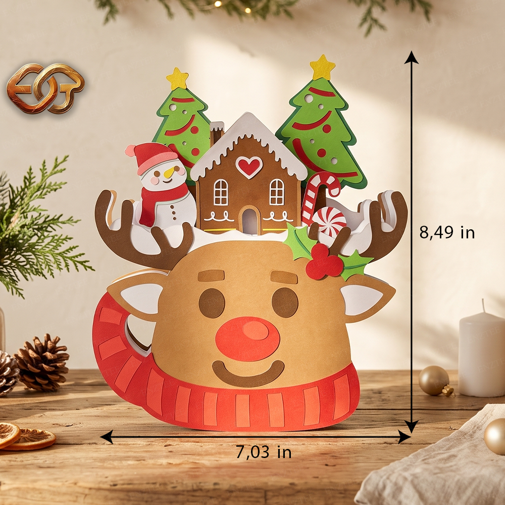 Reindeer Pop-up Mug SVG - 3D Layered Chrismas Paper Craft Template for Cricut