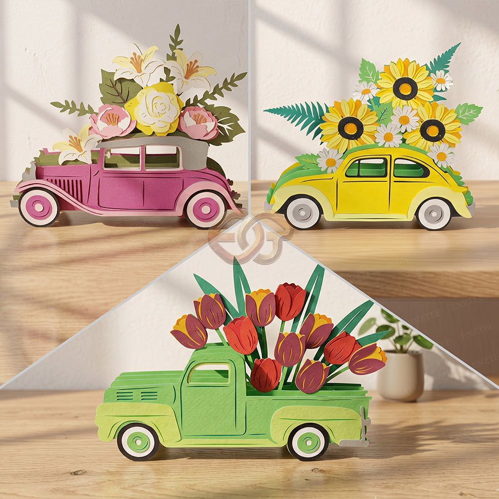 Combo 3 Flower Pop-up Car SVG – 3D Layered Flower Car Paper Craft Template for Cricut