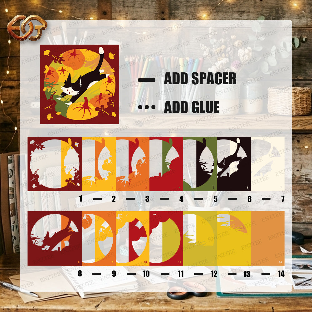 Autumn Cat Shadow Box SVG for Cricut | 3D Layered SVG Paper Cut Light Box Template