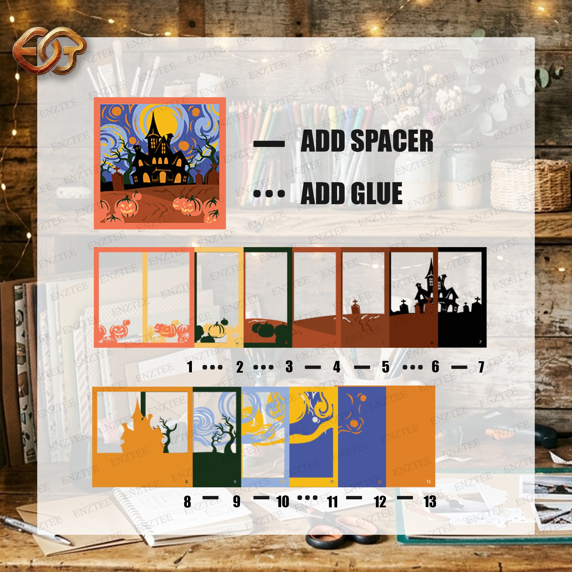 Halloween Starry Night Shadow Box SVG for Cricut | 3D Layered SVG Paper Cut Light Box Template