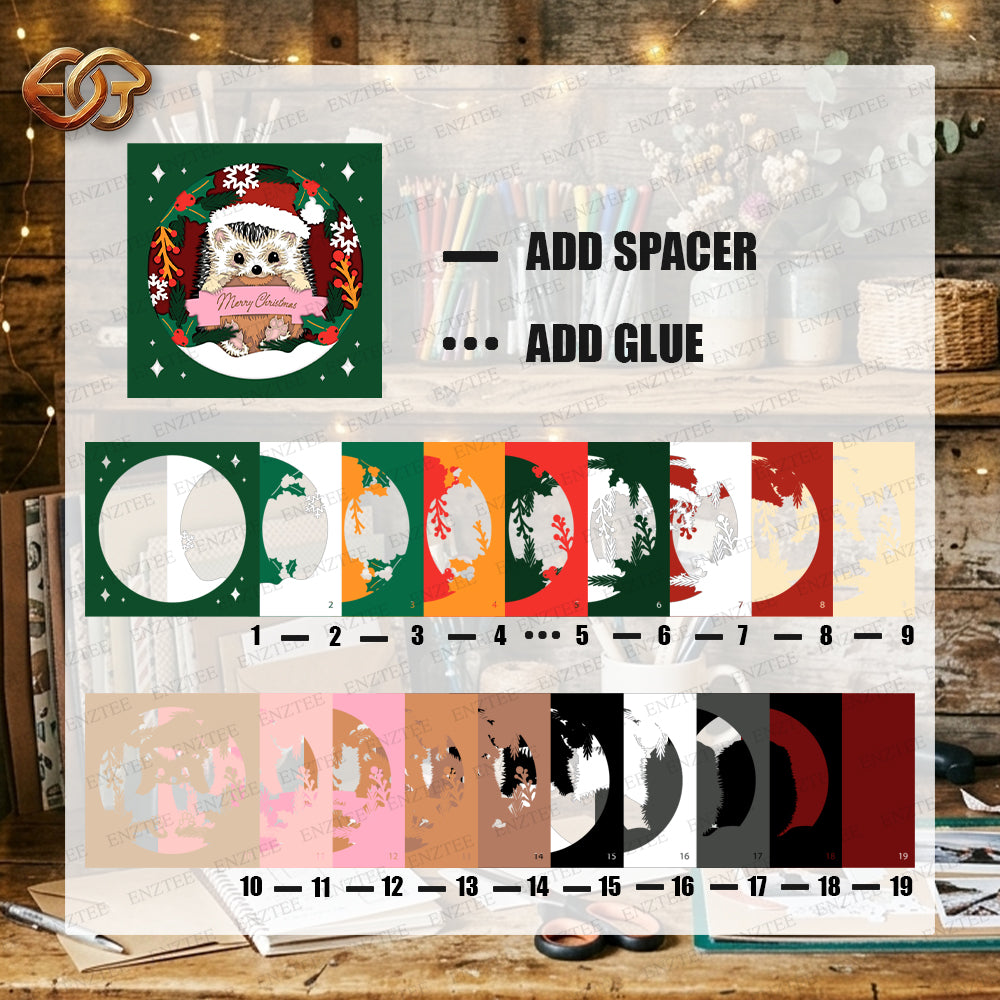 Christmas Hedgehog Shadow Box SVG for Cricut | 3D Layered SVG Paper Cut Light Box Template