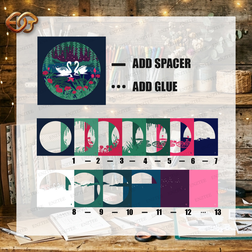 Swans Shadow Box SVG for Cricut | 3D Layered SVG Paper Cut Light Box Template