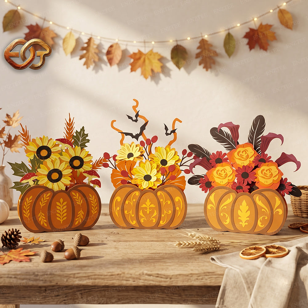 Combo 3 Flower Pop-Up Pumpkin Basket SVG - 3D Layered Fall & Halloween Paper Craft Template for Cricut