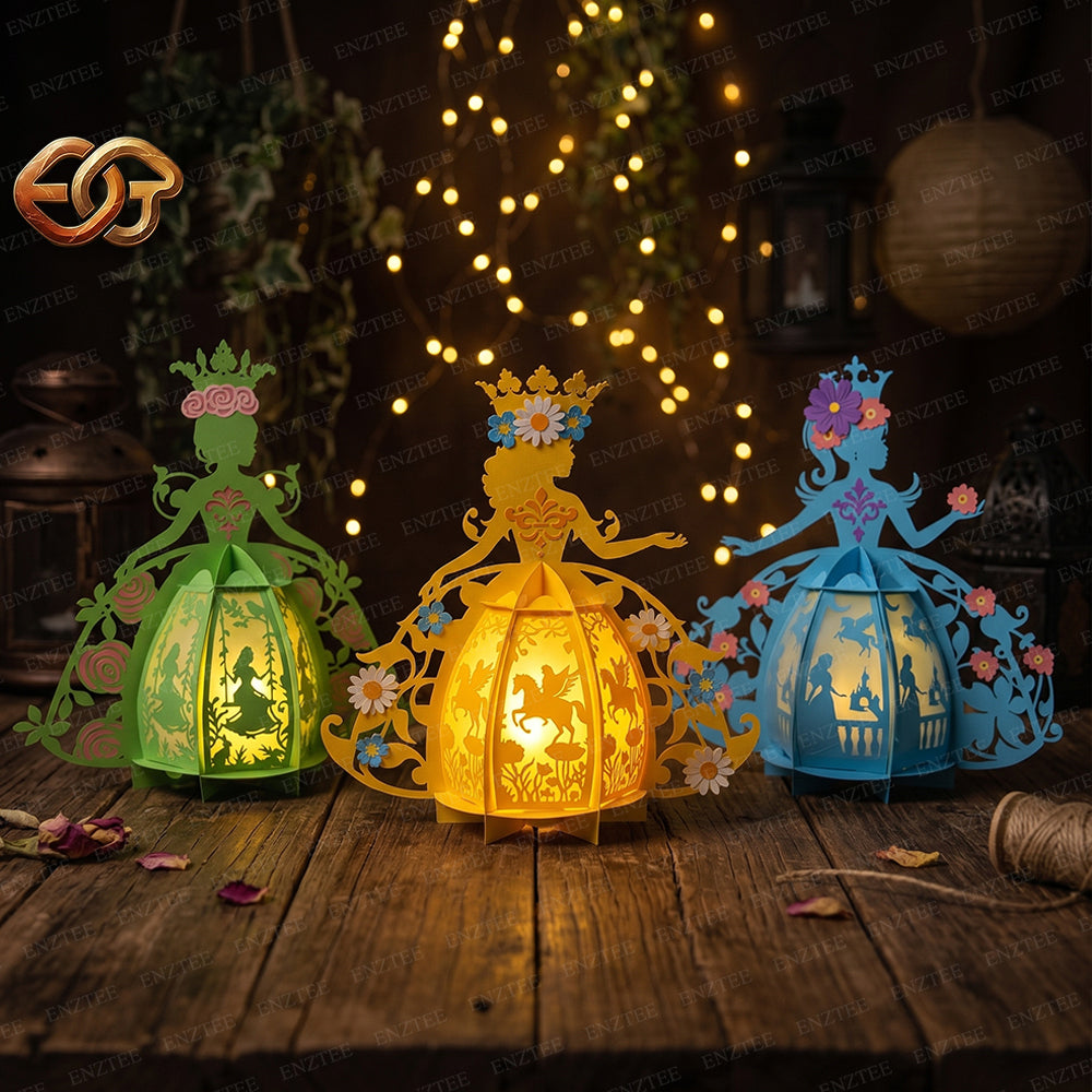 Combo 3 Floral Princess Paper Lantern SVG – 3D Fairy Tale Night Light Template