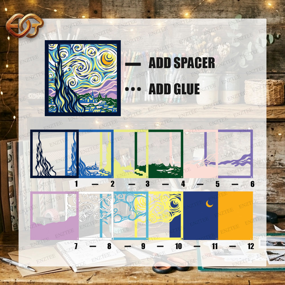 Starry Night Shadow Box SVG for Cricut | 3D Layered SVG Paper Cut Light Box Template