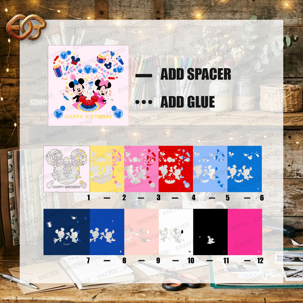 Happy Birthday Mouse Couple Shadow Box SVG for Cricut | 3D Layered SVG Paper Cut Light Template