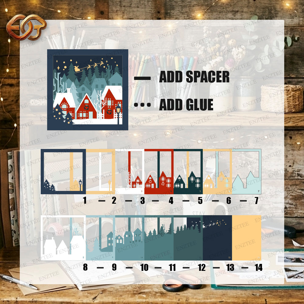 Christmas Village Shadow Box SVG for Cricut | 3D Layered SVG Paper Cut Light Template 1