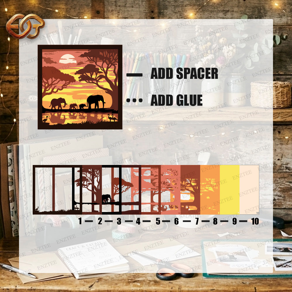 Elephant Shadow Box SVG for Cricut | 3D Layered SVG Paper Cut Light Template