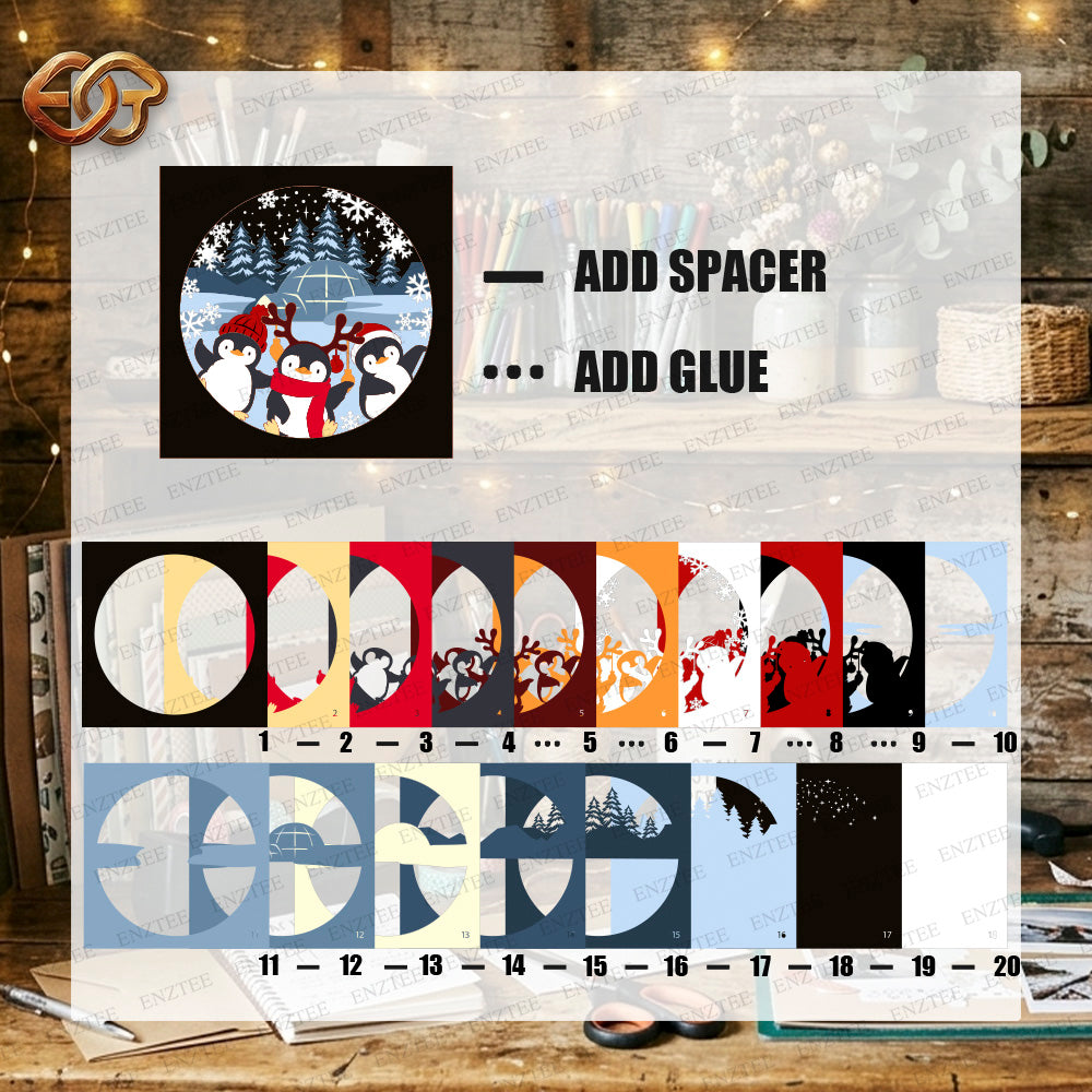Christmas Penguins Shadow Box SVG for Cricut | 3D Layered SVG Paper Cut Light Template