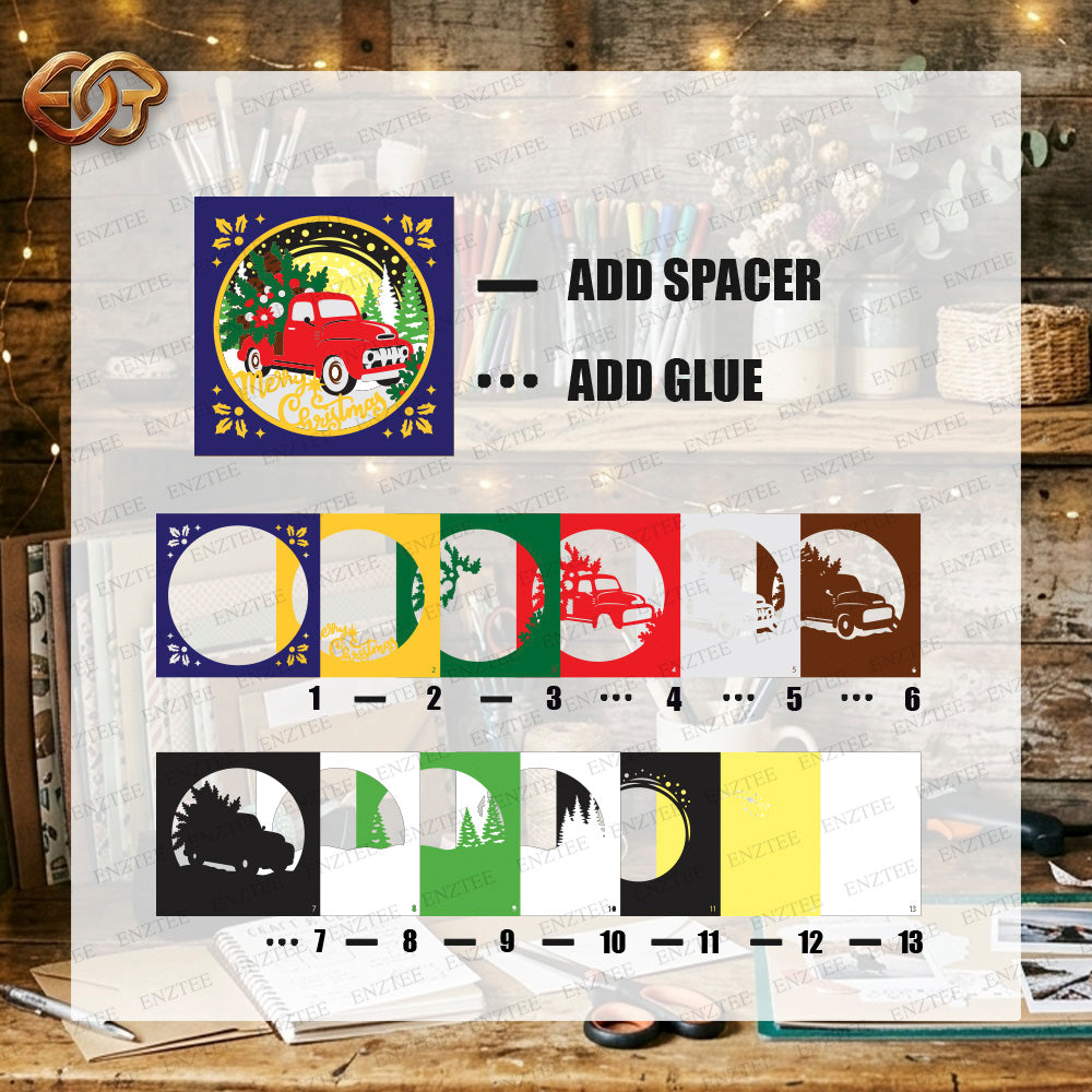 Christmas Truck Shadow Box SVG for Cricut | 3D Layered SVG Paper Cut Light Template 1