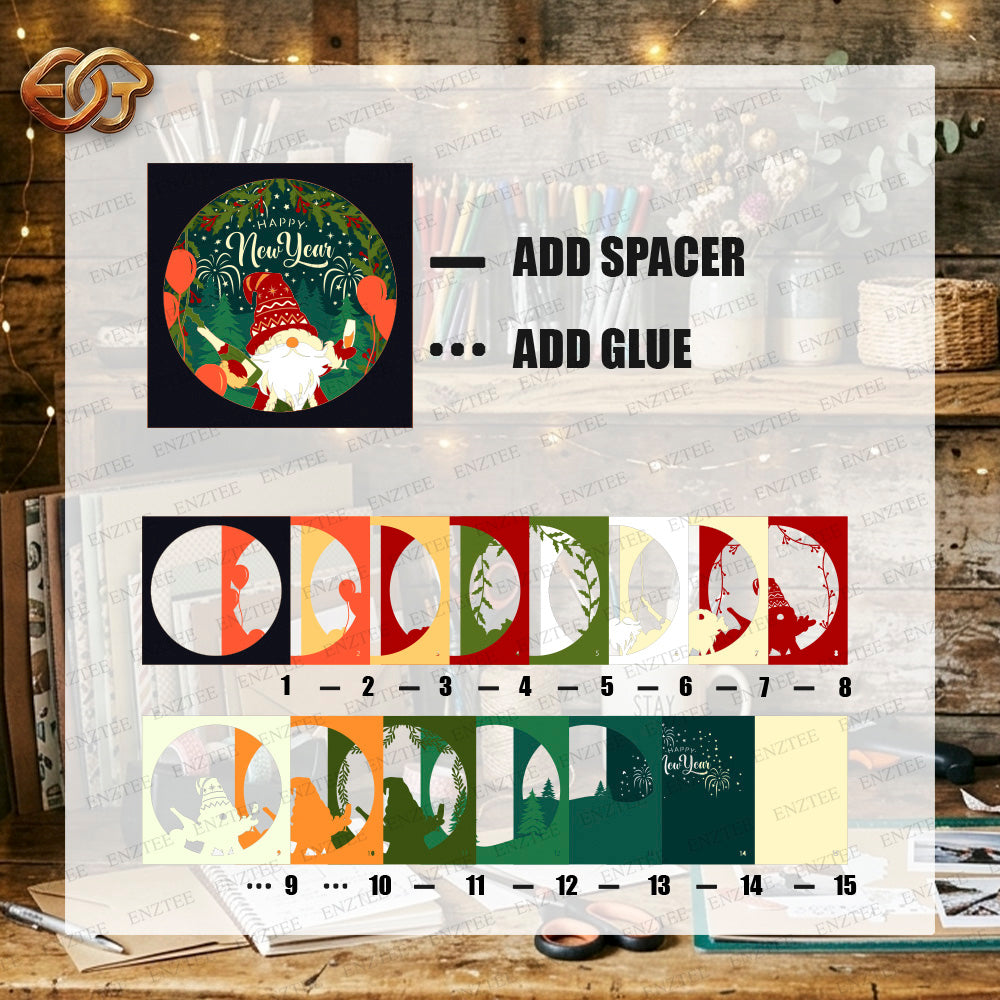 Happy New Year Gnome Shadow Box SVG for Cricut | 3D Layered SVG Paper Cut Light Template