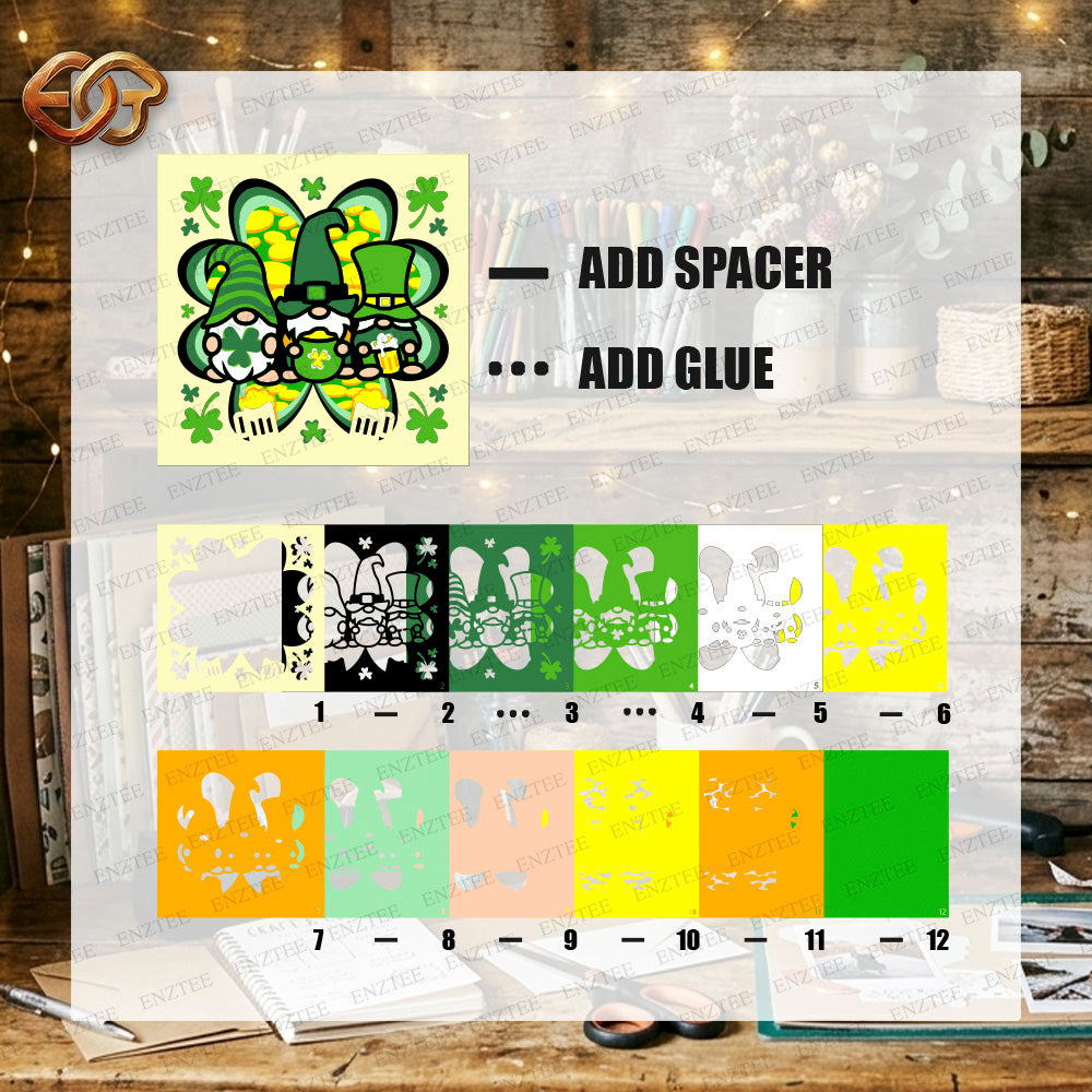 Lucky Gnomes Shadow Box SVG for Cricut | 3D Layered SVG Paper Cut Light Box Template