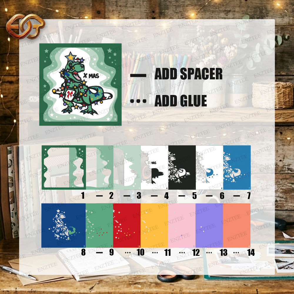 Christmas Dinosaur Shadow Box SVG for Cricut | 3D Layered SVG Paper Cut Light Box Template