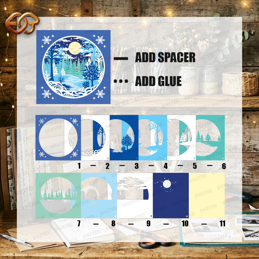 Winter Landscape Shadow Box SVG for Cricut | 3D Layered SVG Paper Cut Light Template 1