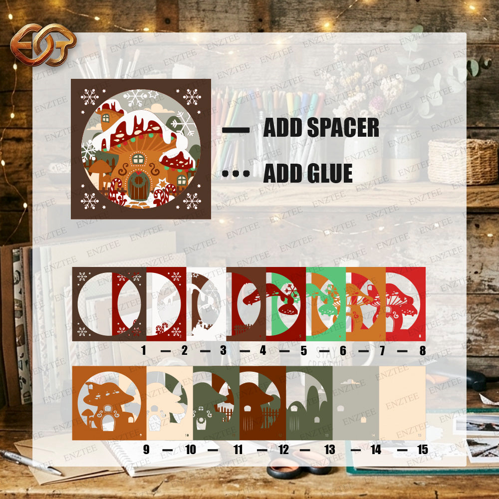 Christmas Mushroom Shadow Box SVG for Cricut | 3D Layered SVG Paper Cut Light Template