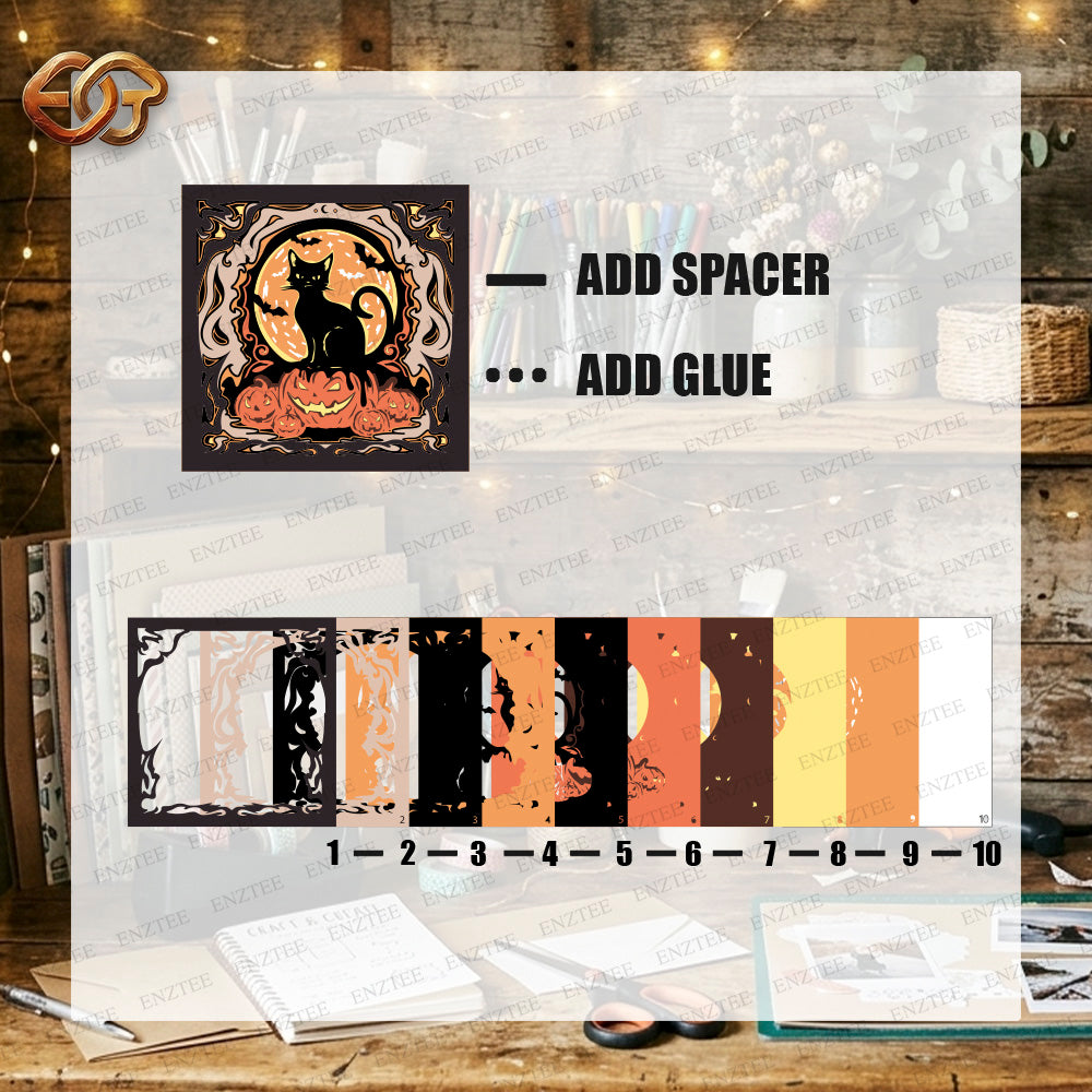Halloween Cat Shadow Box SVG for Cricut | 3D Layered SVG Paper Cut Light Template