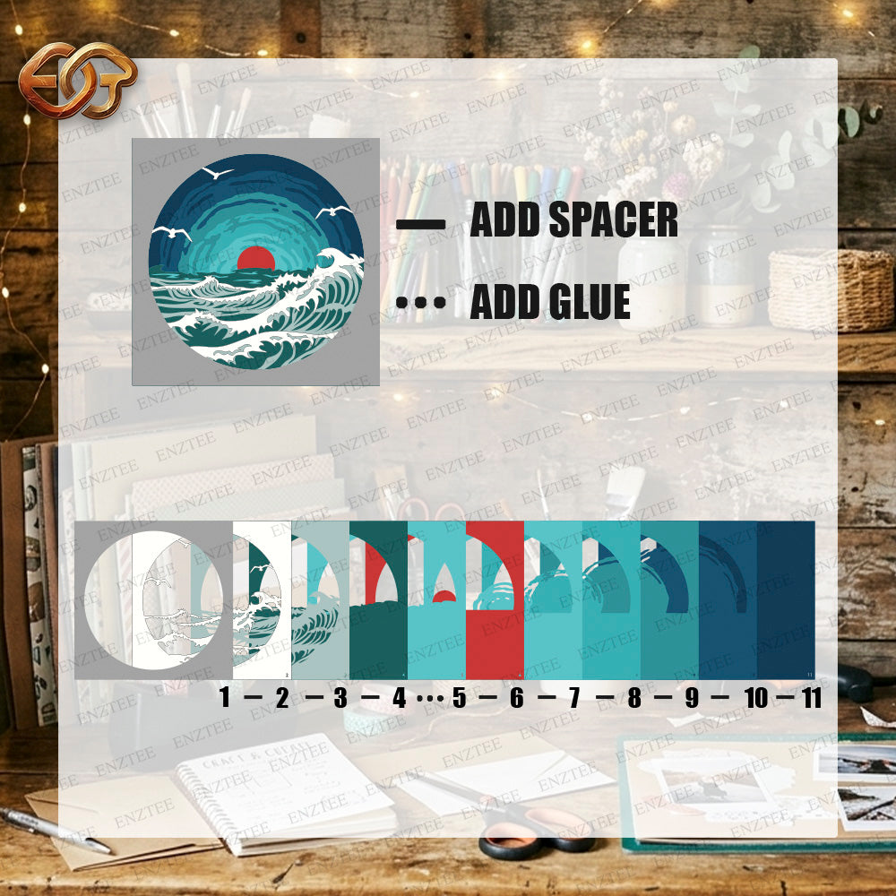 Ocean Waves Shadow Box SVG for Cricut | 3D Layered SVG Paper Cut Light Box Template