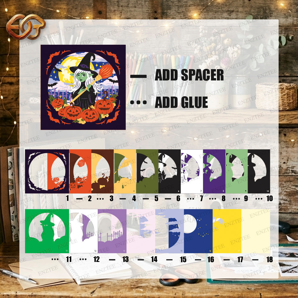 Halloween Witch Shadow Box SVG for Cricut | 3D Layered SVG Paper Cut Light Template